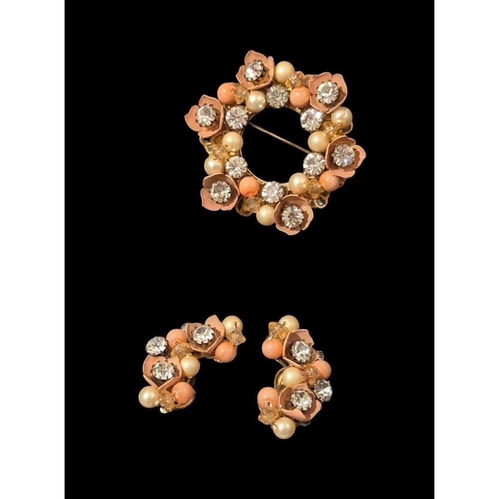 Vintage Weiss Pink Floral Rhinestone & Faux Pearl Brooch Clip-On Earrings Set